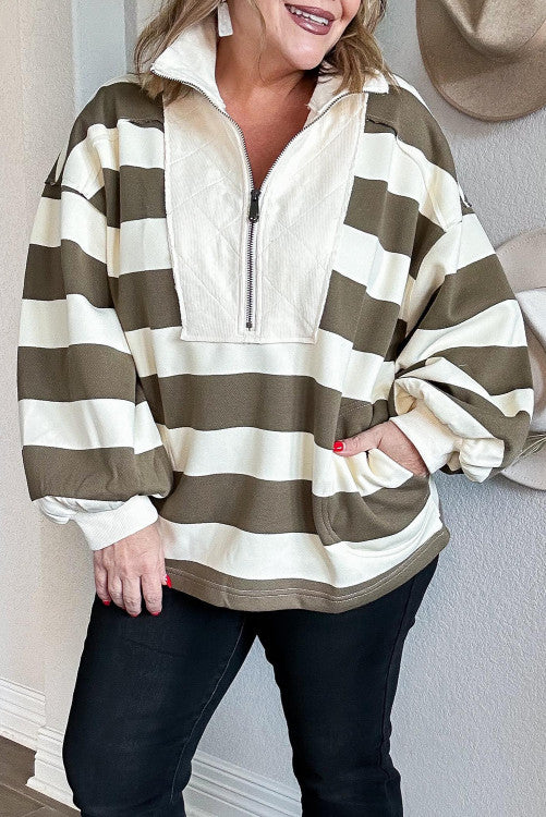Green Stripe Plus Size Half Zipped Sweatshirt