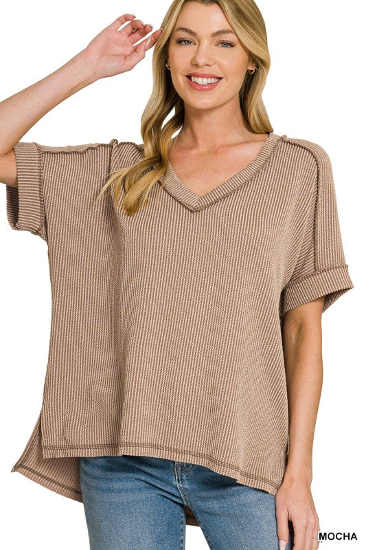Ribbed V Neck Top- Mocha