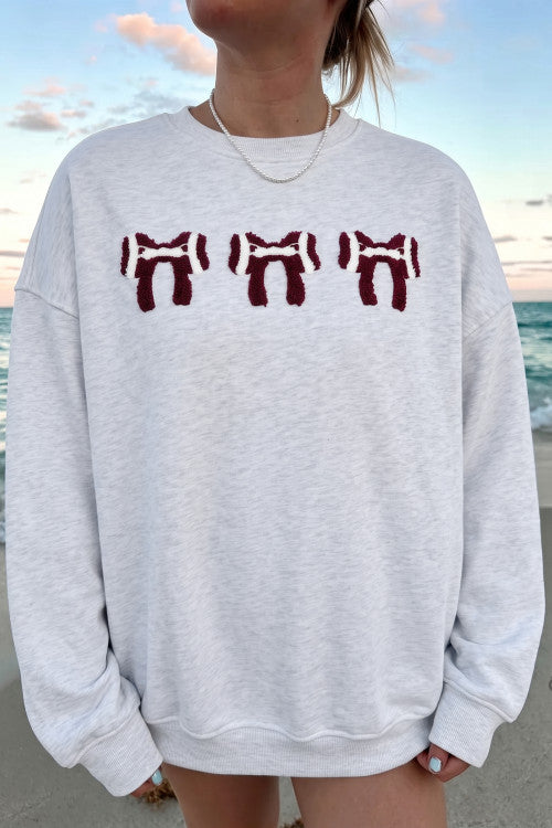Gray Chenille Embroidered Football Bow Game Day Oversized Sweatshirt