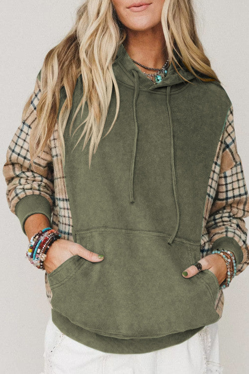 Moss Green Plaid Sleeve Drawstring Pocket Hooded Sweatshirt