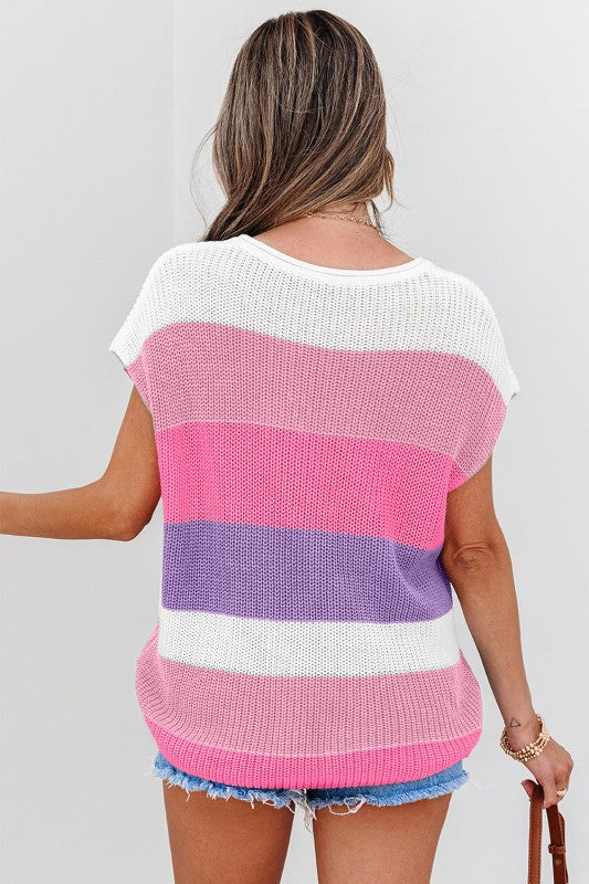 Striped Color Block V Neck Knit Sweater