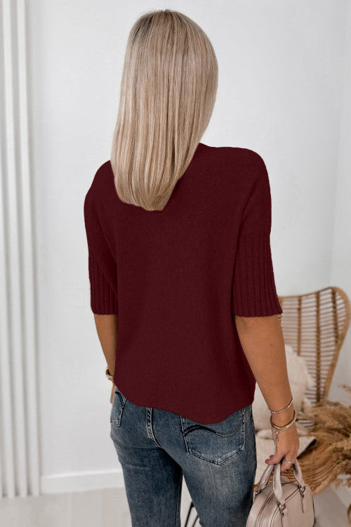 Burgundy Ribbed Trim High Neck Short Sleeve Casual Sweater
