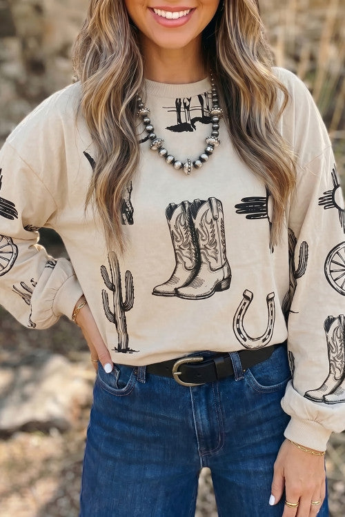 Khaki Western Print Long Sleeve Round Neck Loose Top
