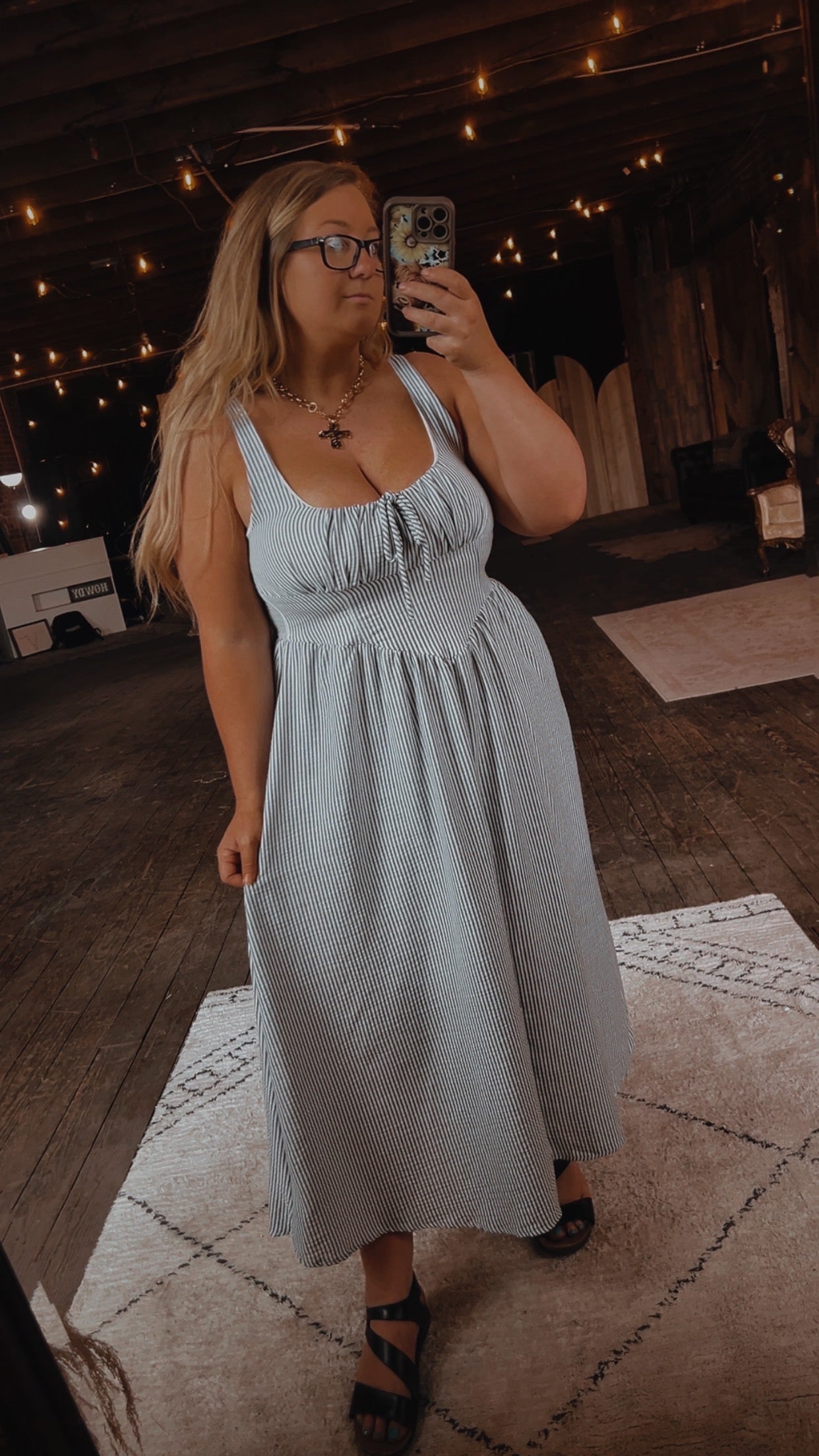 Navy Pinstriped Midi Dress