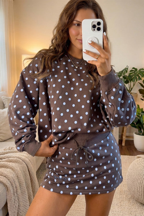 Brown Polka Dot Long Sleeve Pullover Skort Set