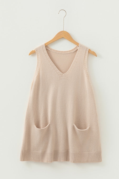 Tan Ribbed Deep V Neckline Front Pocketed Loose Tunic Sweater Vest