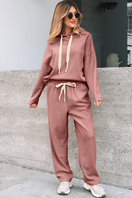 Rose Tan Lace Drawstring Pullover Hoodie and High Waist Pant Set