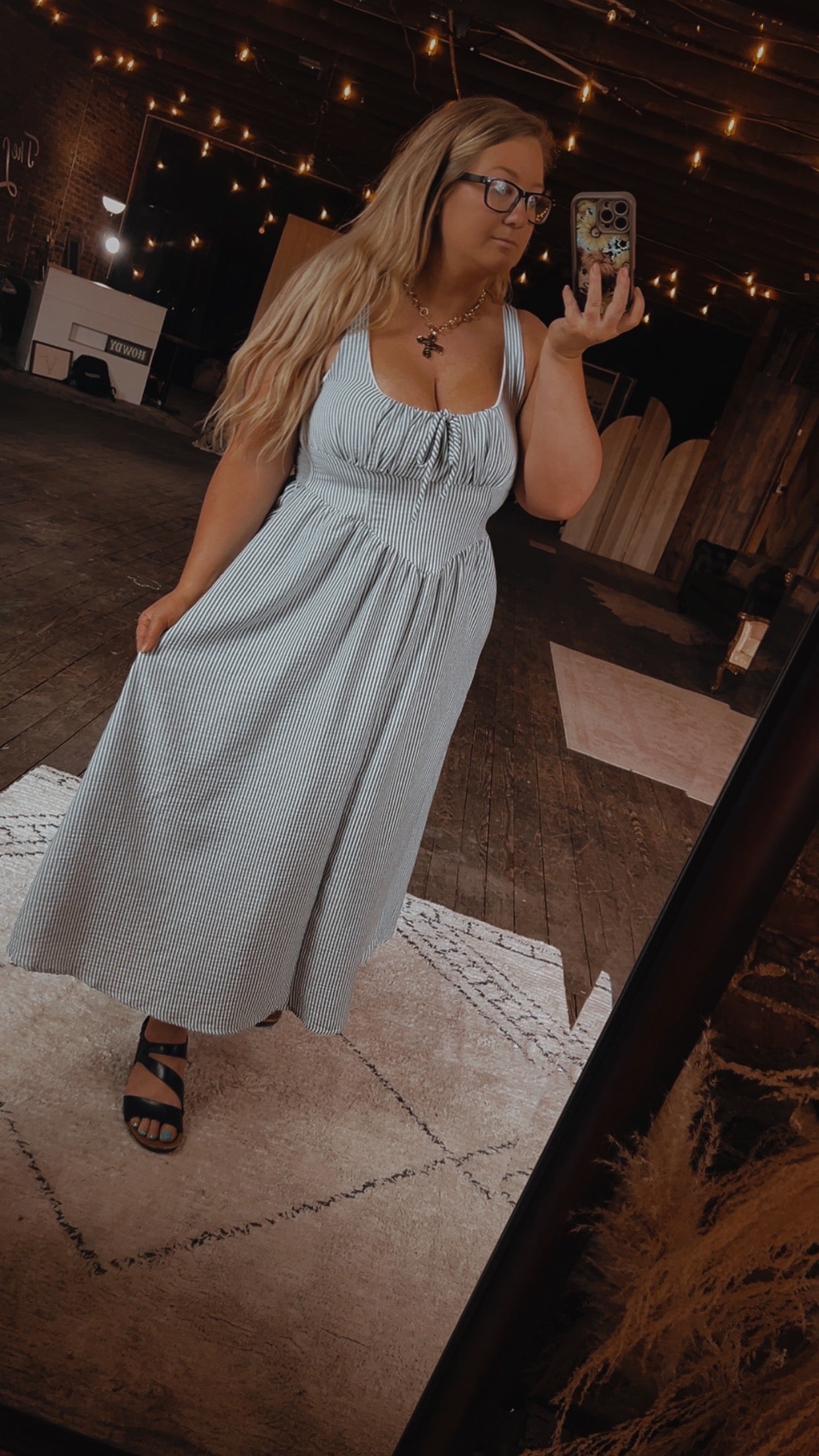 Navy Pinstriped Midi Dress