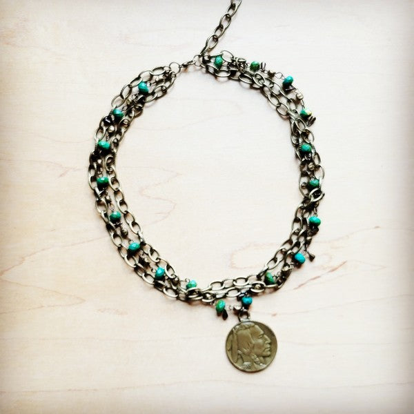 Green Jasper Collar-length Necklace w/ Indian Coin