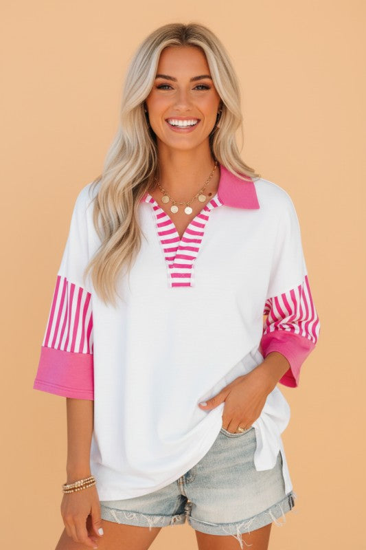 Pink Striped Polo Top