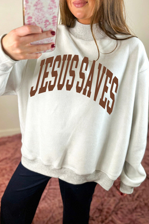 Light Grey Reversible Cross/JESUS SAVES Slogan Graphic Mock Neck Sweatshirt