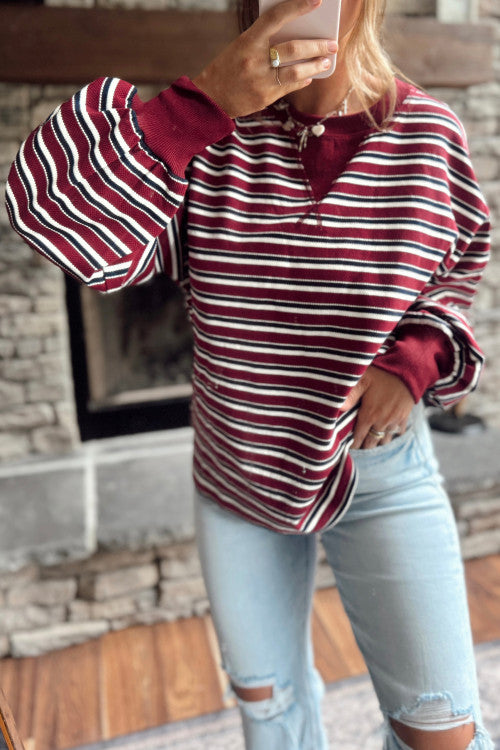 Red Stripe Dropped Shoulder Long Puff Sleeve Top