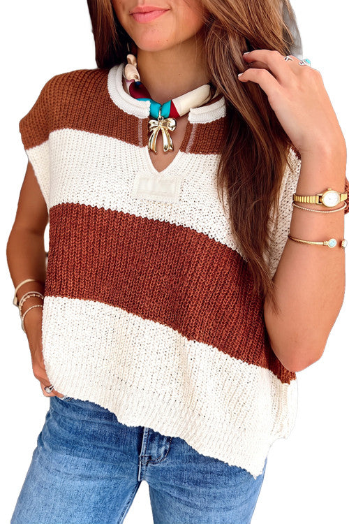 Brown Stripe Striped Colorblock Knit V Neck Short Sleeve Loose Sweater