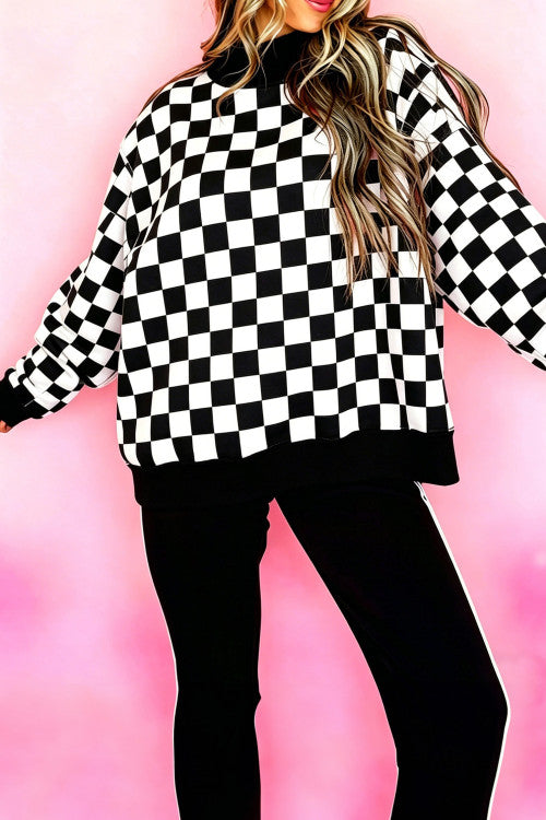 Black Checkered Game Day Print High Neck Baggy Sweatshirt