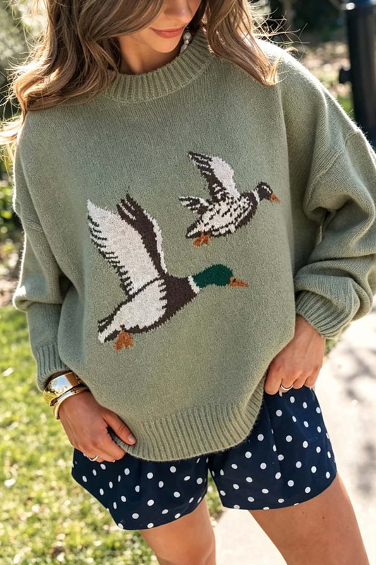 Green Flying Mallard Pattern Round Neck Drop Shoulder Knit Sweater