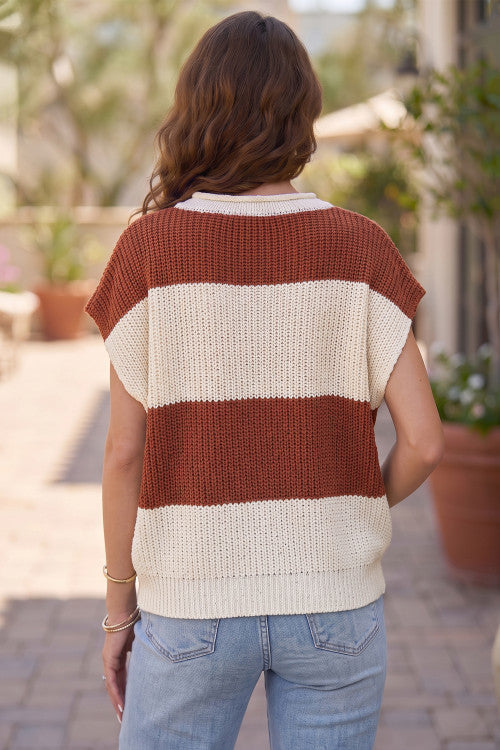 Brown Stripe Striped Colorblock Knit V Neck Short Sleeve Loose Sweater