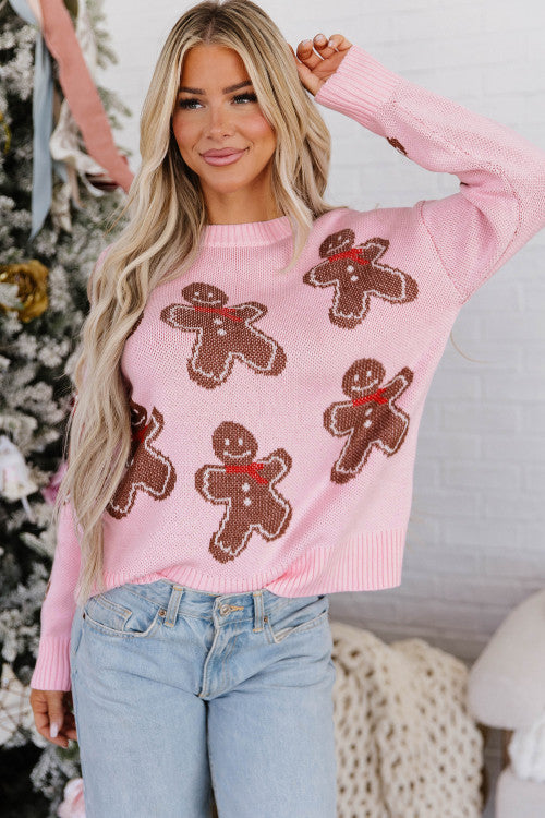 Pink Gingerbread Pattern Round Neck Long Sleeve Shift Sweater