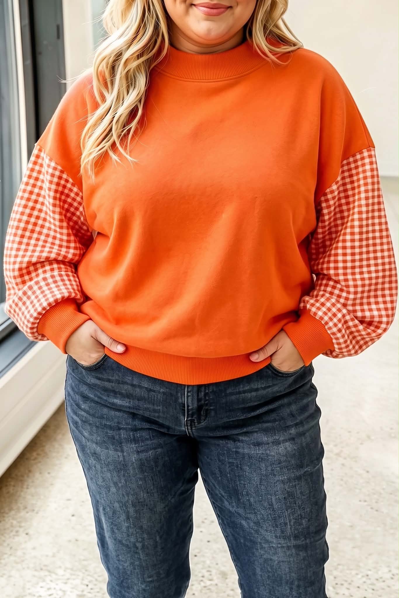 Orange Plaid Colorblock Sweatshirt