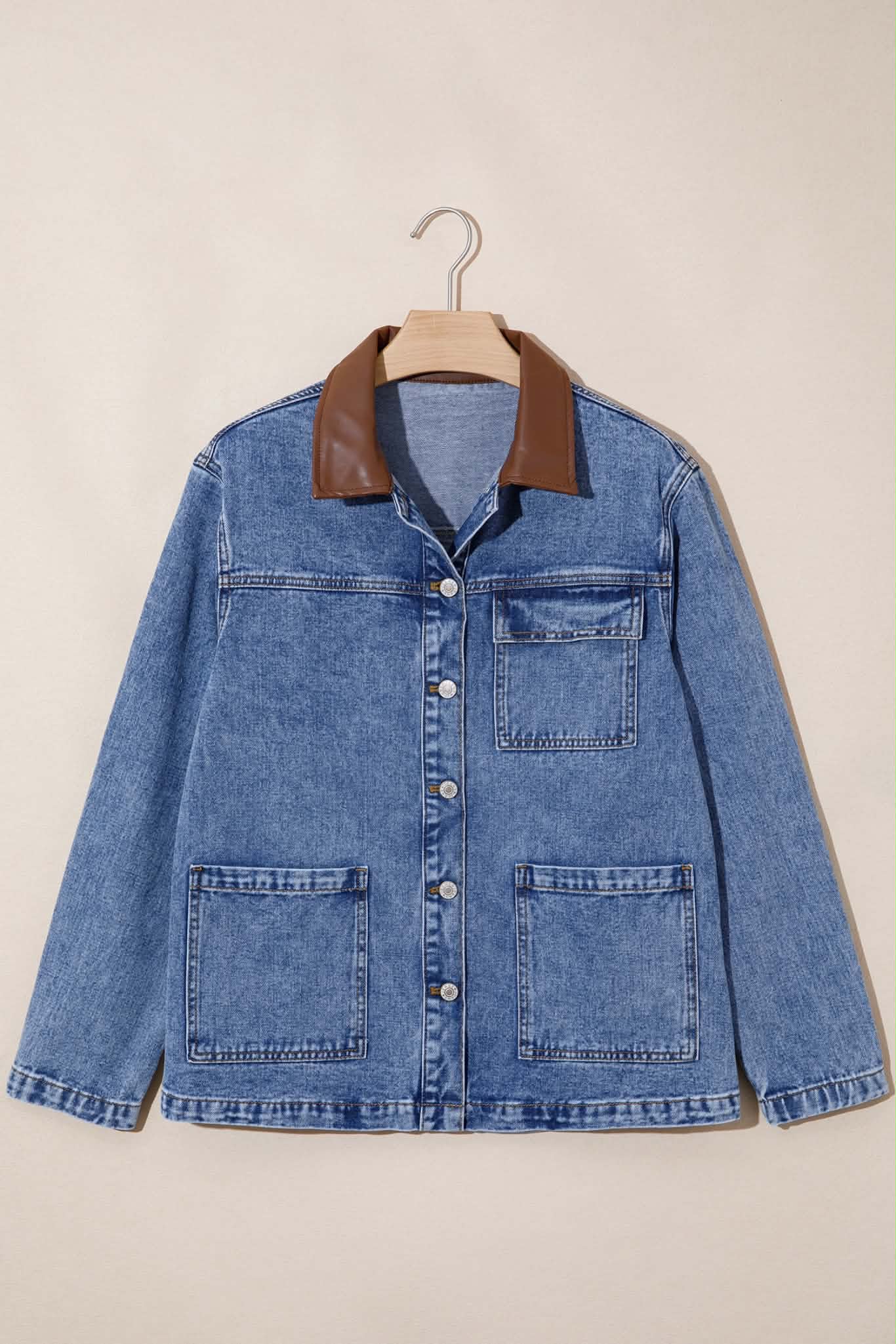 Sky Blue Patchwork Leather Collar Long Sleeve Denim Jacket