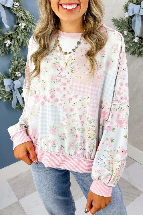 Pink Floral Patchwork Sweatshirt