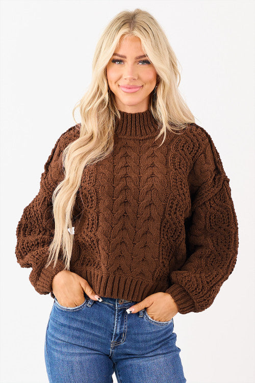 Coffee Solid Color Cable Knit High Neck Loose Pullover Sweater