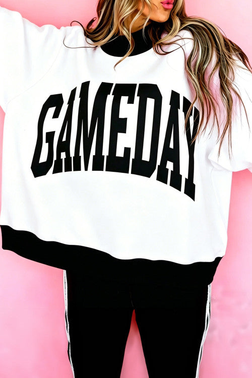 Black Checkered Game Day Print High Neck Baggy Sweatshirt