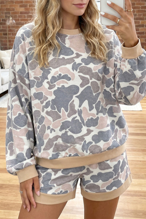 Long Sleeve Camo Sweatshirt Short Set