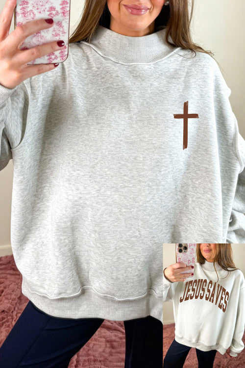 Light Grey Reversible Cross/JESUS SAVES Slogan Graphic Mock Neck Sweatshirt