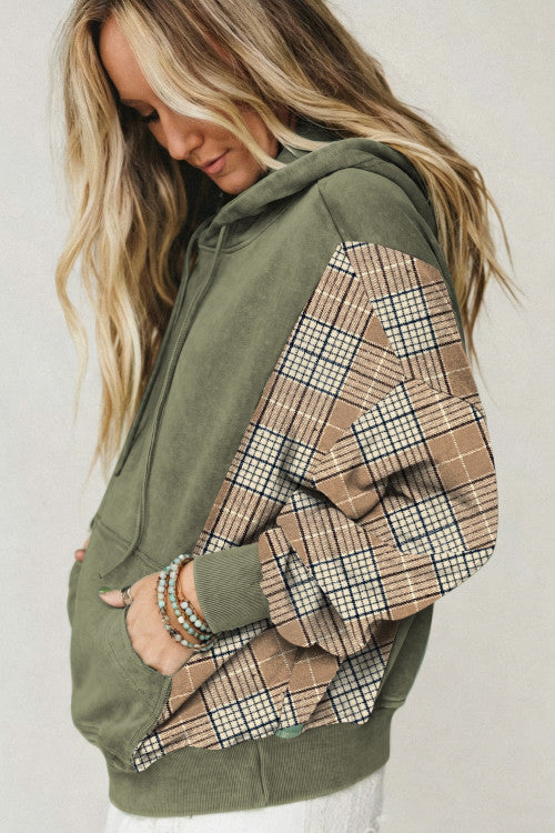 Moss Green Plaid Sleeve Drawstring Pocket Hooded Sweatshirt