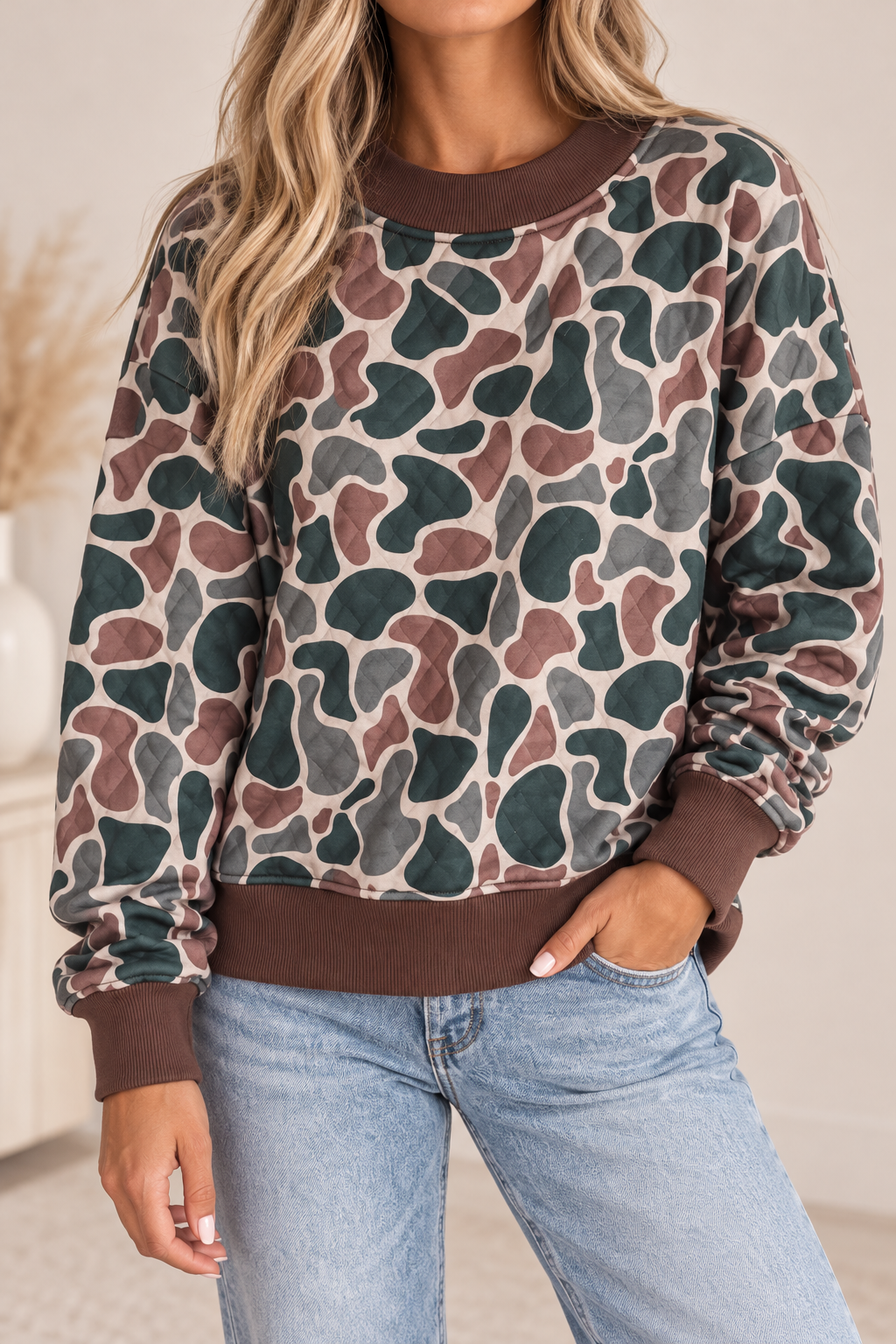 Camo Print Quilted Ribbed Mock Neck Sweatshirt