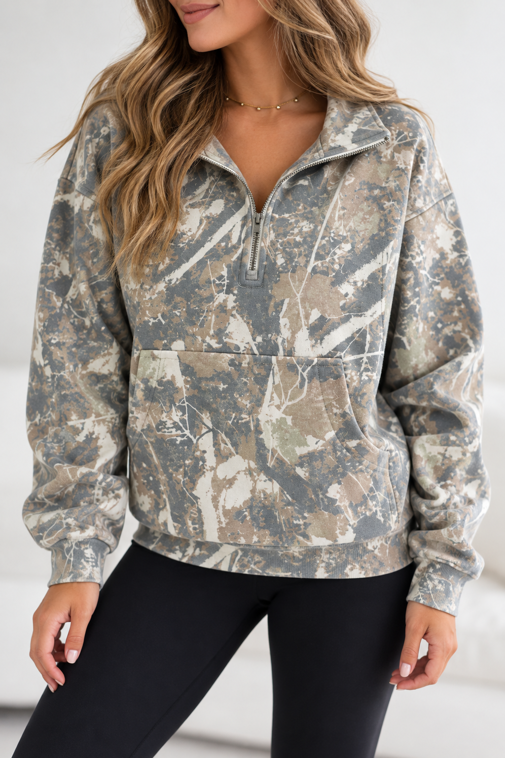 Camo Quarter Zip Kangaroo Pocket Sweatshirt
