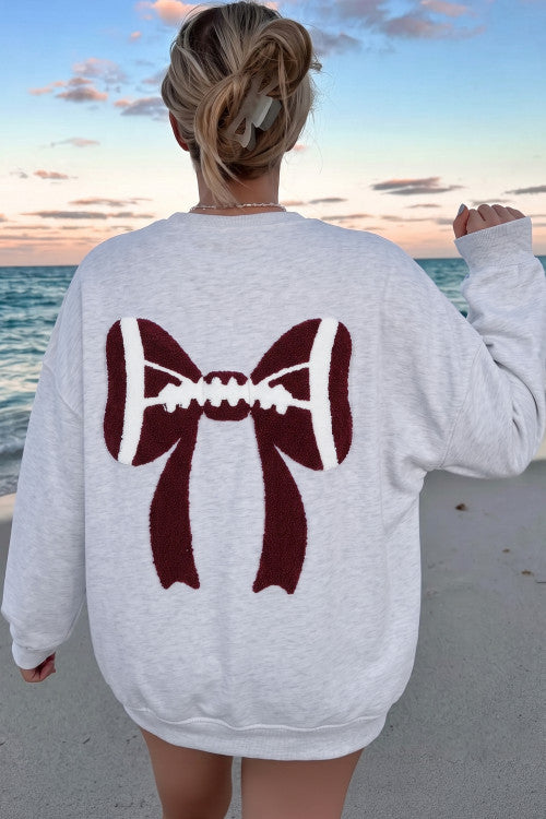 Gray Chenille Embroidered Football Bow Game Day Oversized Sweatshirt