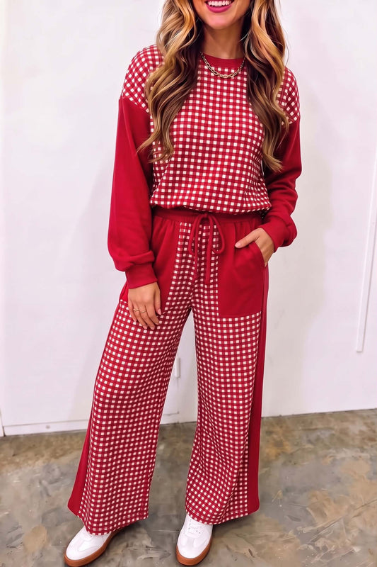 Red Color Block Plaid Patchwork Long Sleeve Pullover Wide Leg Pant Set