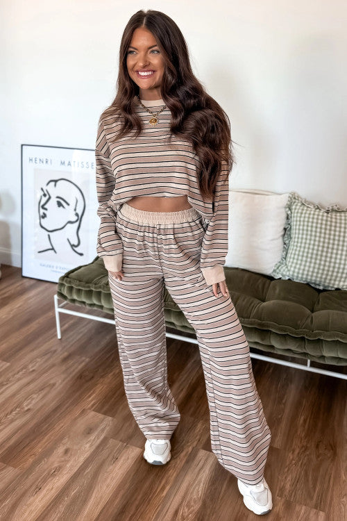 Khaki Stripe Contrast Trim Long Sleeve Top Elastic Waist Pants Set