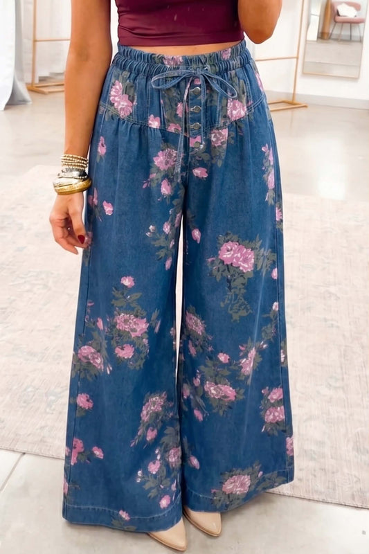 Wide Leg Denim Floral Jeans