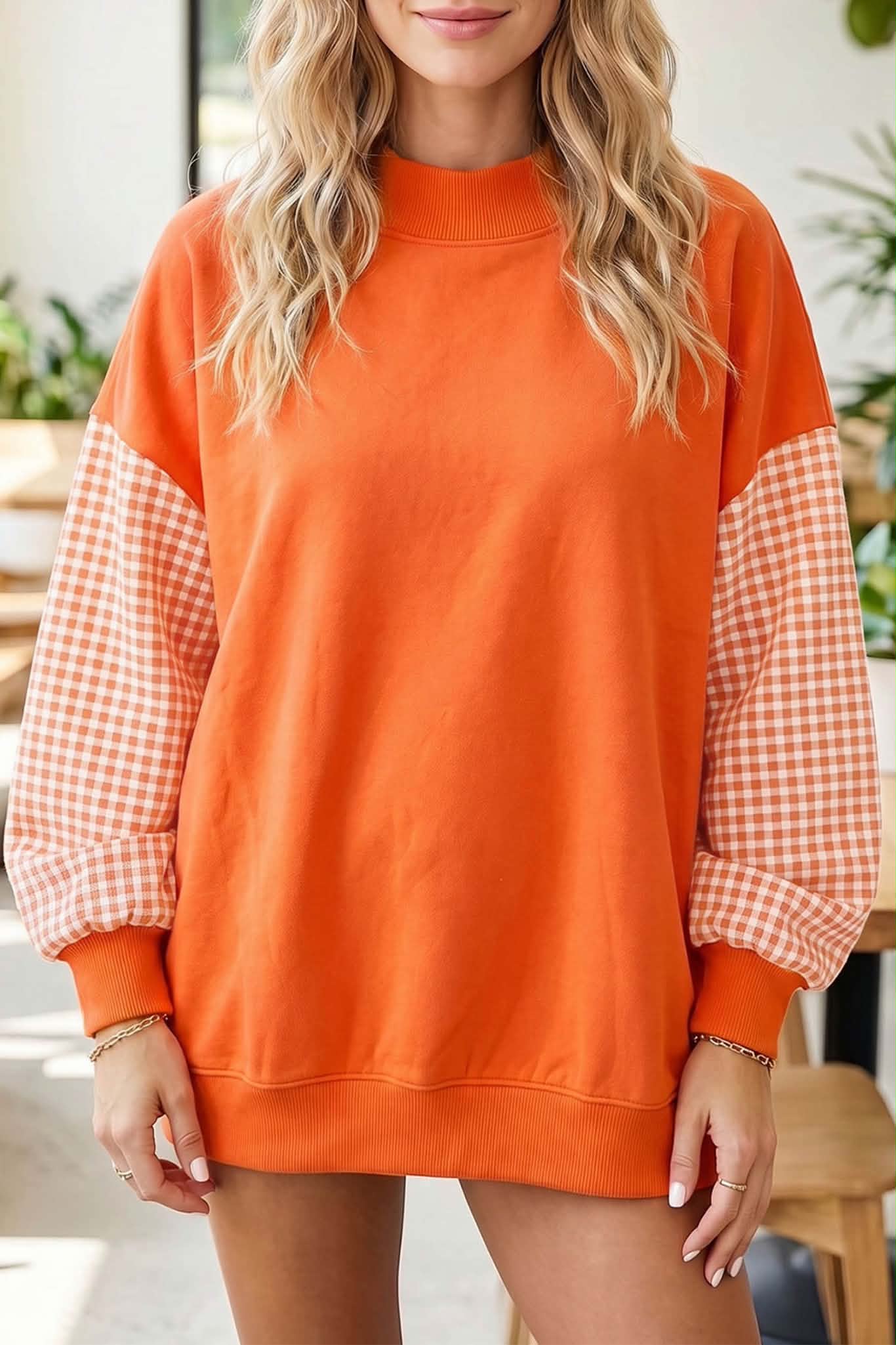 Orange Plaid Colorblock Sweatshirt