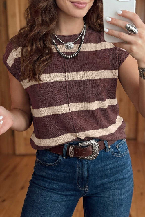 Brown Striped Short Sleeve Sweater Top