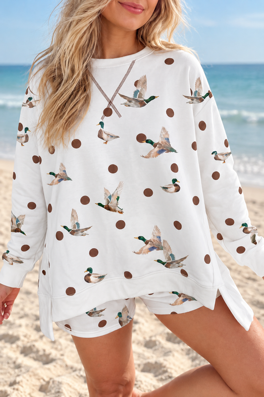 White Polka Dot Malard Print Oversized Pullover and Shorts 2pcs Set