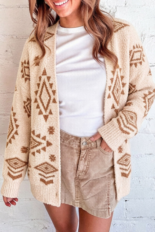 Oatmeal Fuzzy Aztec Print Open Knit Sweater Tunic Cardigan
