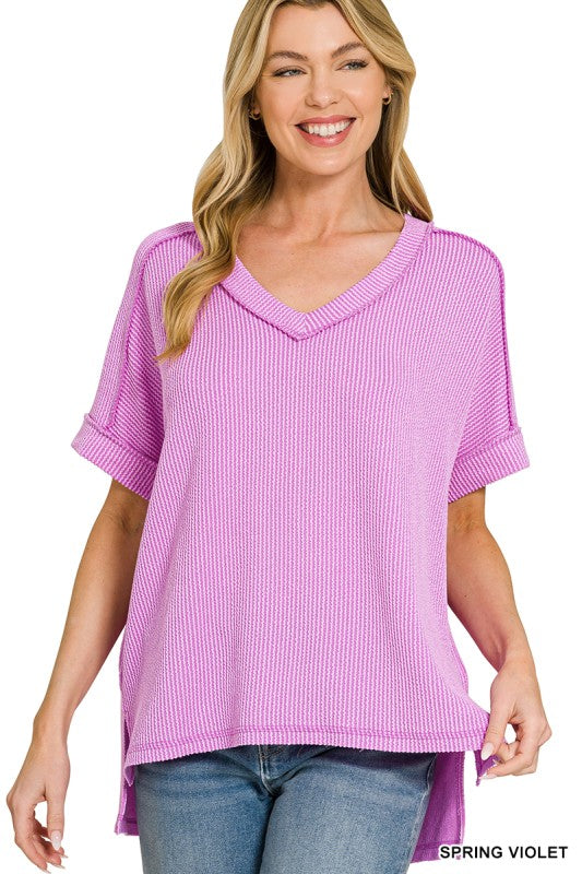 Ribbed V Neck Top- Violet