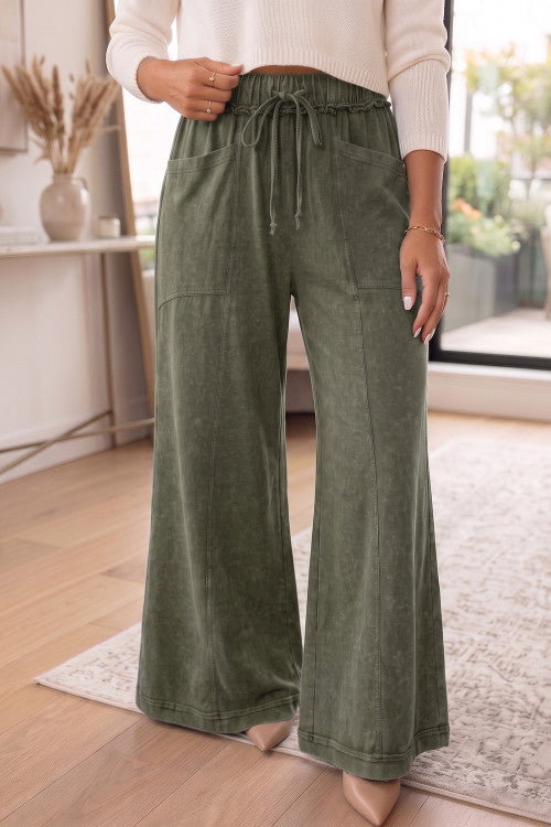 Jungle Green Mineral Wash Seam Detail Flare Leg Drawstring Pants