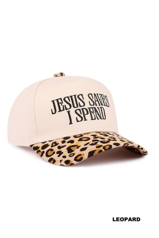 Jesus Saves I Spend Trucker Hat- Leopard