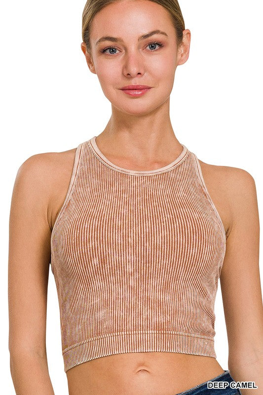 High Neck Padded Ribbed Crop- Deep Camel