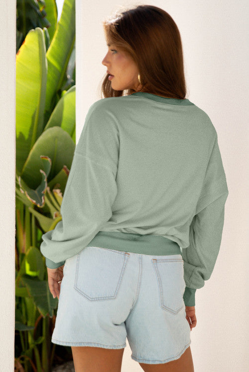 Green Raw Edge Flower Patch Drop Shoulder Casual Top