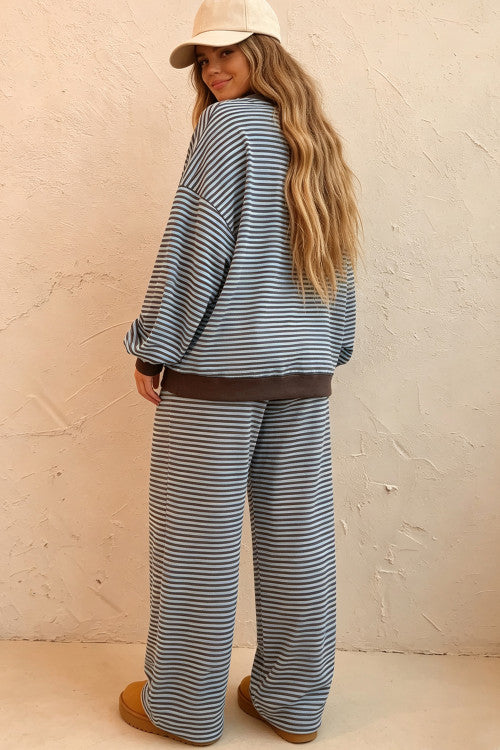 Brown Stripe Drop Shoulder Loose Top and Pants Two Piece Set
