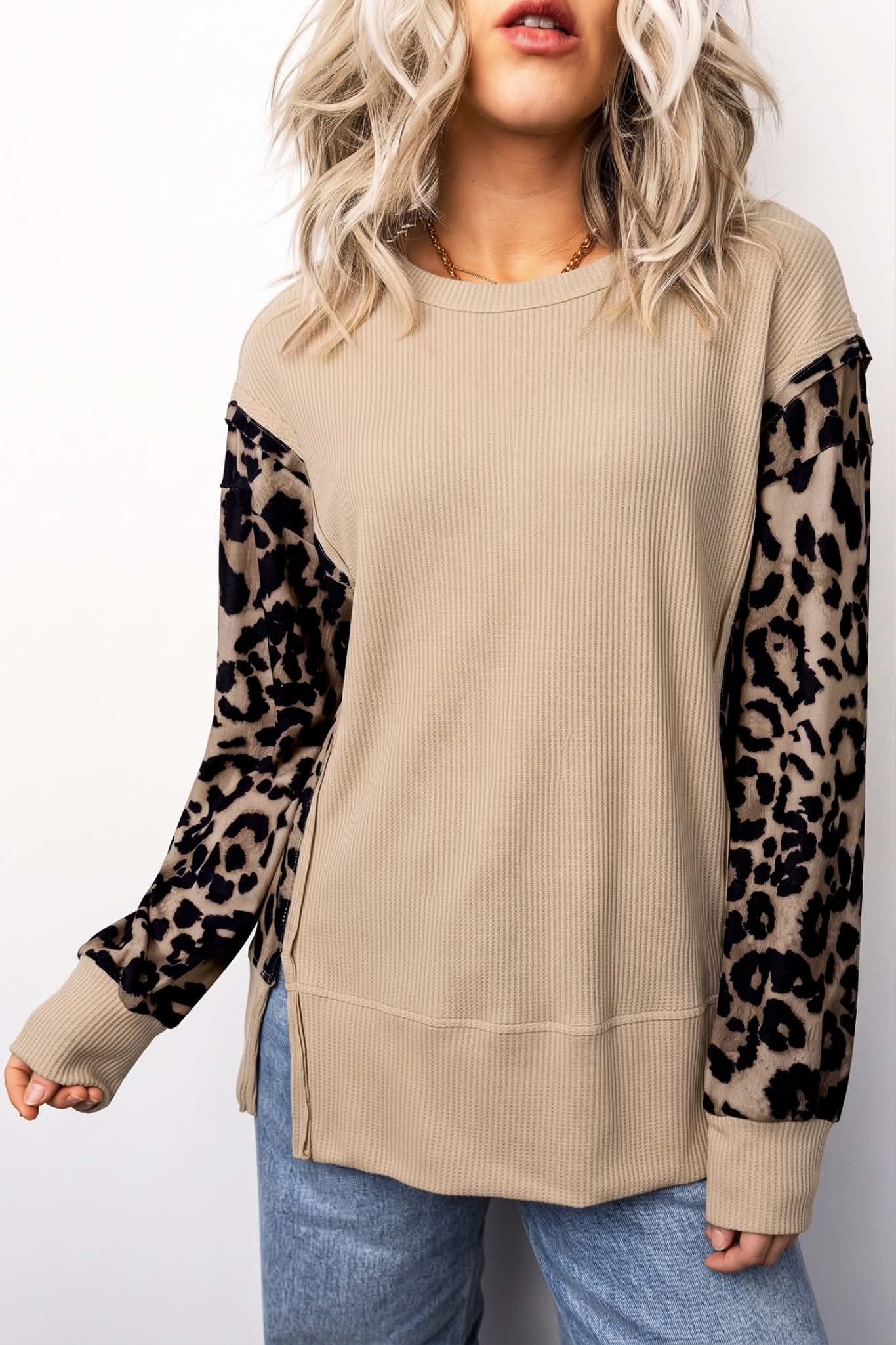 Leopard Sleeve Waffle Knit Split Hem Top
