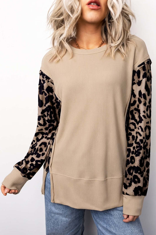 Leopard Sleeve Waffle Knit Split Hem Top