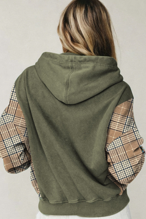 Moss Green Plaid Sleeve Drawstring Pocket Hooded Sweatshirt