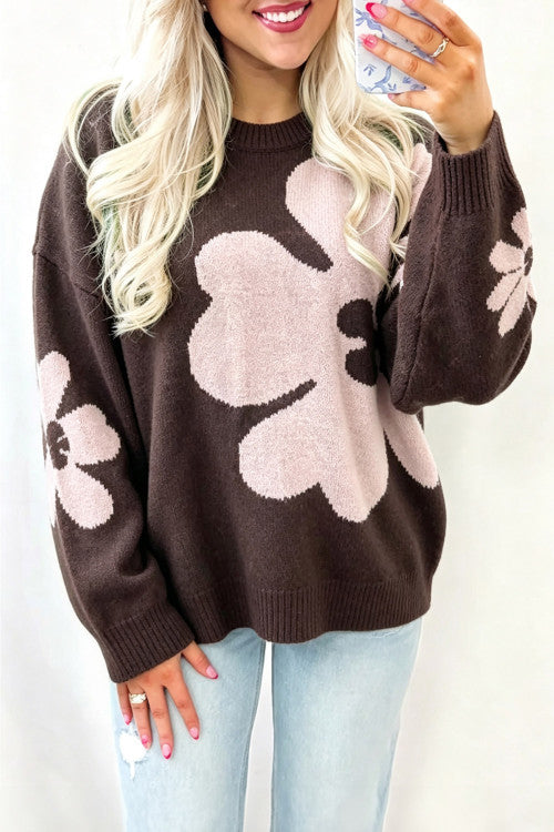 Coffee Cozy Floral Print Round Neck Dropped Shoulder Casual Sweater
