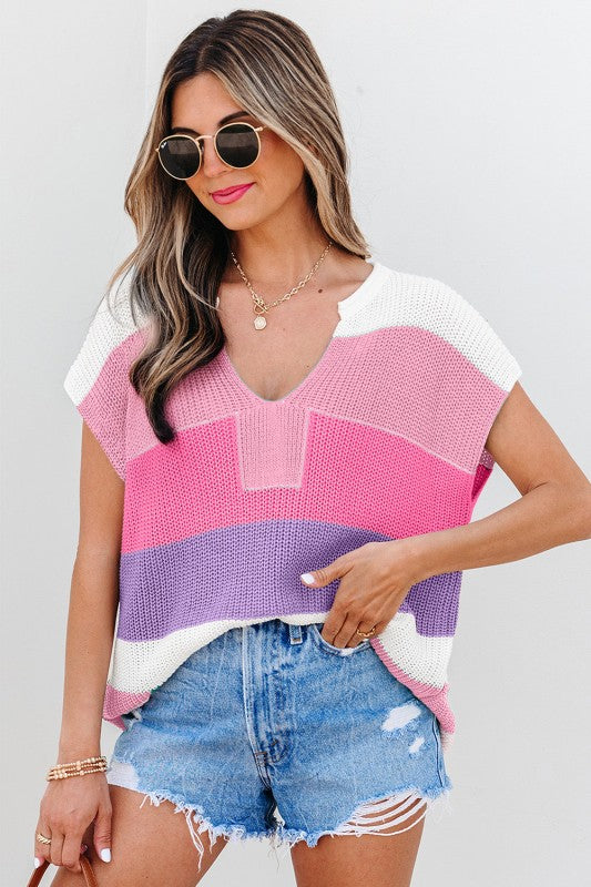 Striped Color Block V Neck Knit Sweater